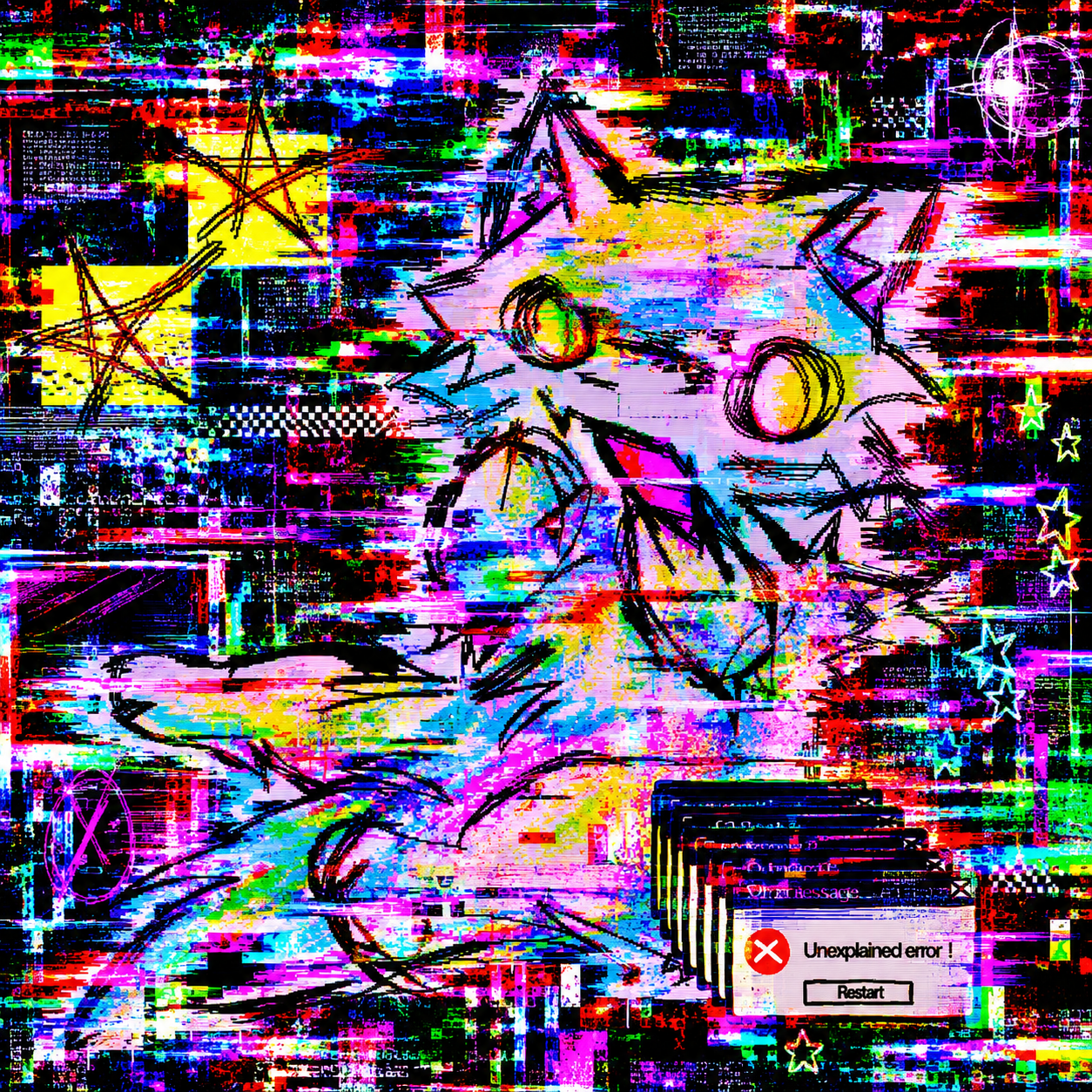 A wild neon cat with huge yellow eyes, surrounded by rainbow digital glitches